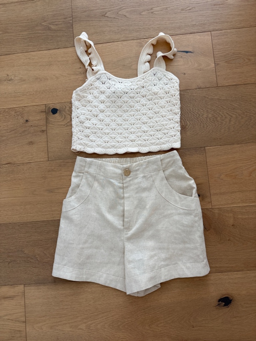 NWT House of Harlow 1960 Cream Crochet Crop Top & Linen Blend Shorts Set S